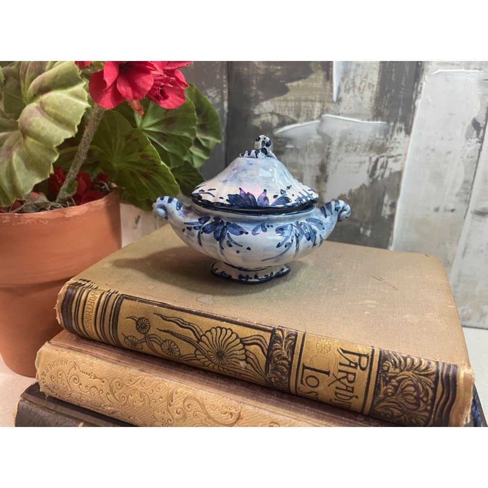 Vintage Blue & White Hand Painted Trinket Box Miniature Tureen Delft Style